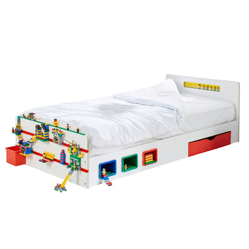 Room 2 Build Kids Single Bed with Storage Drawer and Building Brick Display hello4kids