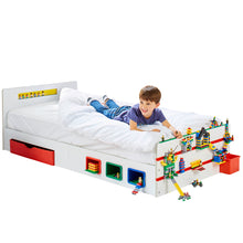 Load image into Gallery viewer, Room 2 Build Kids Single Bed with Storage Drawer and Building Brick Display hello4kids
