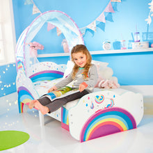 Ielādējiet attēlu galerijas skatītājā, Unicorn and Rainbow Kids Toddler Bed with Canopy and Storage Drawer hello4kids

