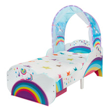 Ielādējiet attēlu galerijas skatītājā, Unicorn and Rainbow Kids Toddler Bed with Canopy and Storage Drawer hello4kids
